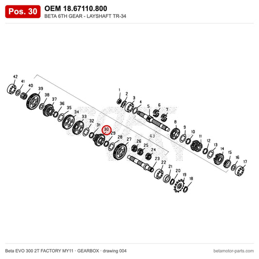 BETA 6TH GEAR - LAYSHAFT TR-34 – OEM 18.67110.800, position 30 on the Beta EVO 300 2T FACTORY MY11 gearbox drawing