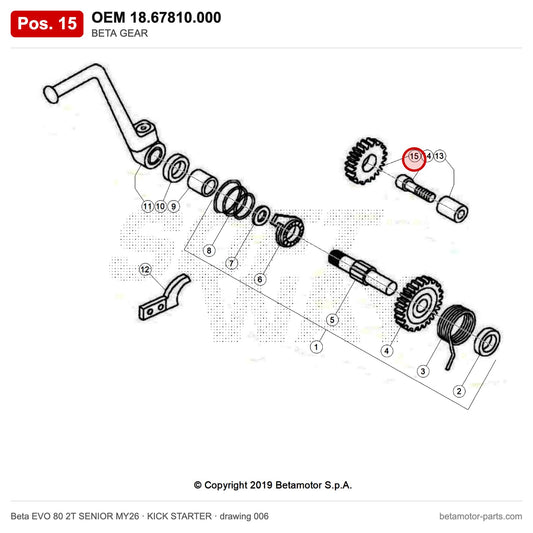 BETA GEAR – OEM 18.67810.000, position 15 on the Beta EVO 80 2T SENIOR MY26 kick starter drawing