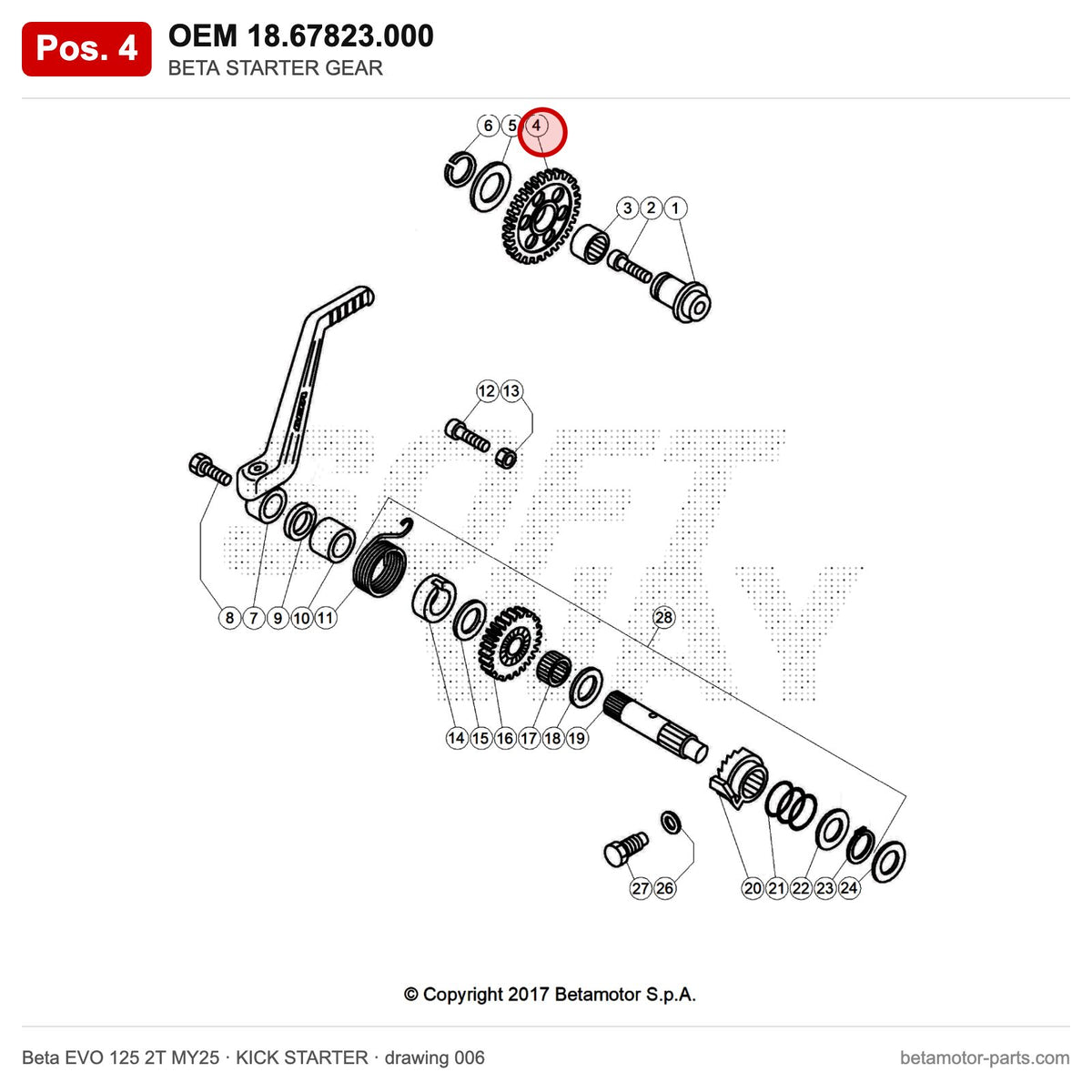 BETA STARTER GEAR – OEM 18.67823.000, position 4 on the Beta EVO 125 2T MY25 kick starter drawing