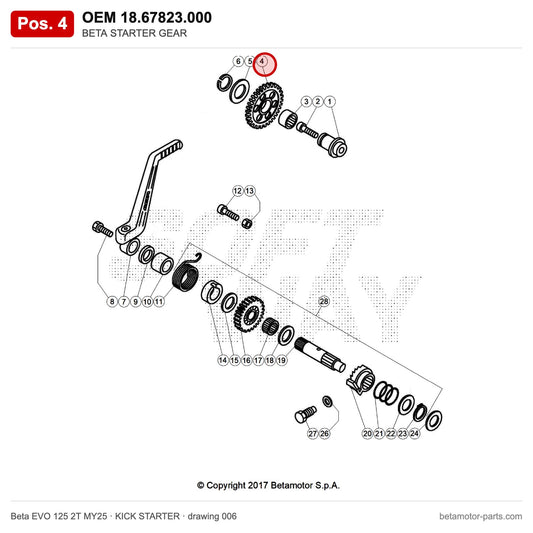 BETA STARTER GEAR – OEM 18.67823.000, position 4 on the Beta EVO 125 2T MY25 kick starter drawing