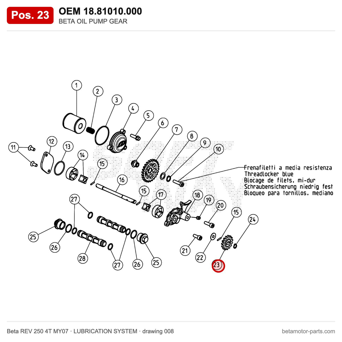 BETA OIL PUMP GEAR – OEM 18.81010.000, position 23 on the Beta REV 250 4T MY07 lubrication system drawing