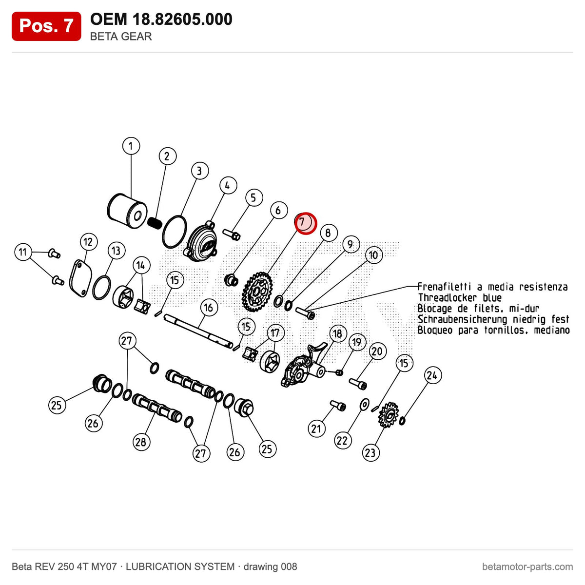 BETA GEAR – OEM 18.82605.000, position 7 on the Beta REV 250 4T MY07 lubrication system drawing