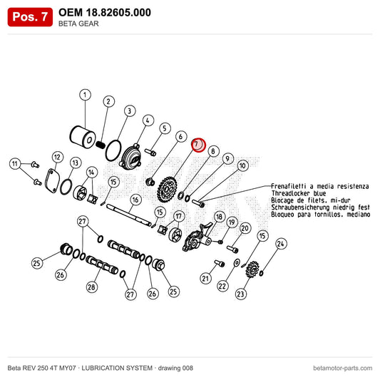 BETA GEAR – OEM 18.82605.000, position 7 on the Beta REV 250 4T MY07 lubrication system drawing