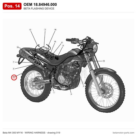 BETA FLASHING DEVICE – OEM 18.84946.000, position 14 on the Beta M4 350 MY16 wiring harness drawing