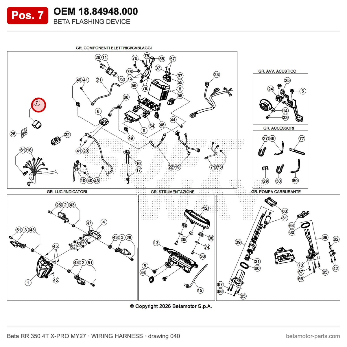 BETA FLASHING DEVICE – OEM 18.84948.000, position 7 on the Beta RR 350 4T X-PRO MY27 wiring harness drawing