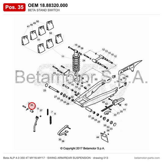 BETA STAND SWITCH – OEM 18.88320.000, position 35 on the Beta ALP 4.0 350 4T MY16-MY17 swing arm/rear suspension drawing