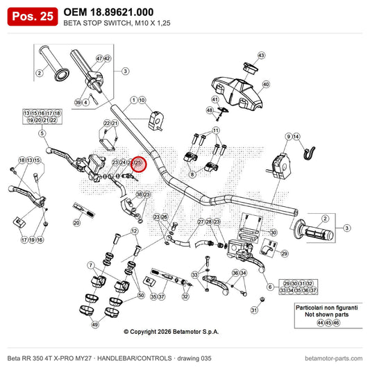 BETA STOP SWITCH, M10 X 1,25 – OEM 18.89621.000, position 25 on the Beta RR 350 4T X-PRO MY27 handlebar/controls drawing
