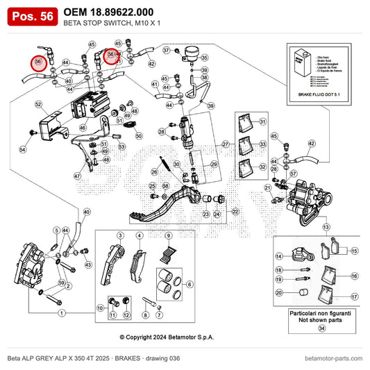 BETA STOP SWITCH, M10 X 1 – OEM 18.89622.000, position 56 on the Beta ALP GREY ALP X 350 4T 2025 brakes drawing