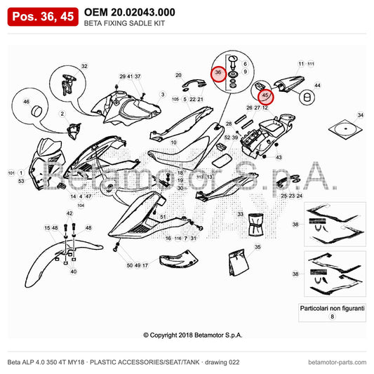 BETA FIXING SADLE KIT – OEM 20.02043.000, positions 36,45 on the Beta ALP 4.0 350 4T MY18 plastic accessories/seat/tank drawing