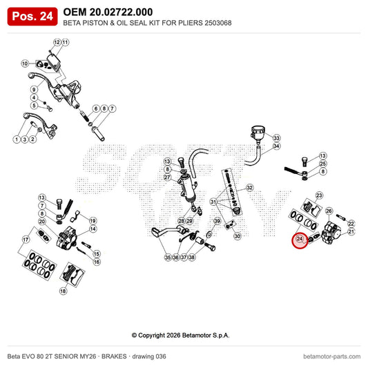 BETA PISTON & OIL SEAL KIT FOR PLIERS 2503068 – OEM 20.02722.000, position 24 on the Beta EVO 80 2T SENIOR MY26 brakes drawing