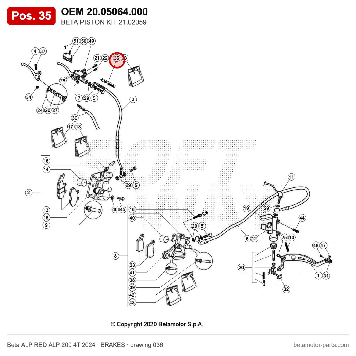 BETA PISTON KIT 21.02059 – OEM 20.05064.000, position 35 on the Beta ALP RED ALP 200 4T 2024 brakes drawing