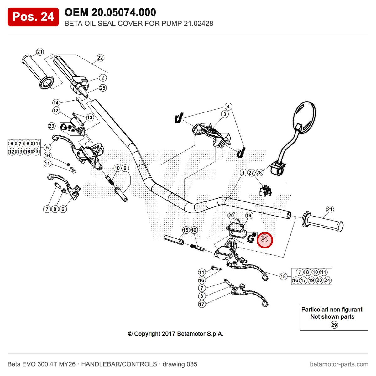 BETA OIL SEAL COVER FOR PUMP 21.02428 – OEM 20.05074.000, position 24 on the Beta EVO 300 4T MY26 handlebar/controls drawing