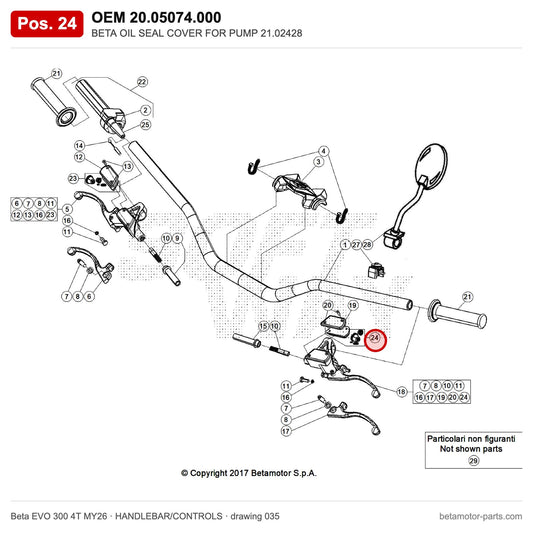 BETA OIL SEAL COVER FOR PUMP 21.02428 – OEM 20.05074.000, position 24 on the Beta EVO 300 4T MY26 handlebar/controls drawing