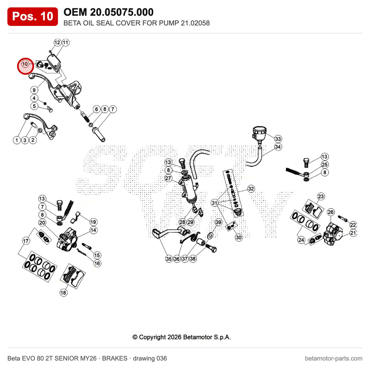 BETA OIL SEAL COVER FOR PUMP 21.02058 – OEM 20.05075.000, position 10 on the Beta EVO 80 2T SENIOR MY26 brakes drawing