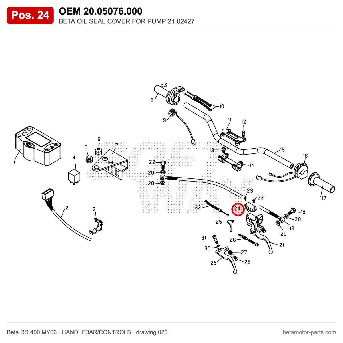 BETA OIL SEAL COVER FOR PUMP 21.02427 – OEM 20.05076.000, position 24 on the Beta RR 400 MY06 handlebar/controls drawing