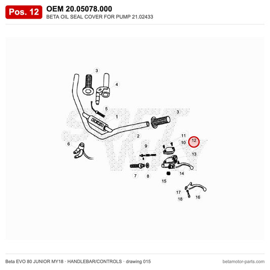 BETA OIL SEAL COVER FOR PUMP 21.02433 – OEM 20.05078.000, position 12 on the Beta EVO 80 JUNIOR MY18 handlebar/controls drawing