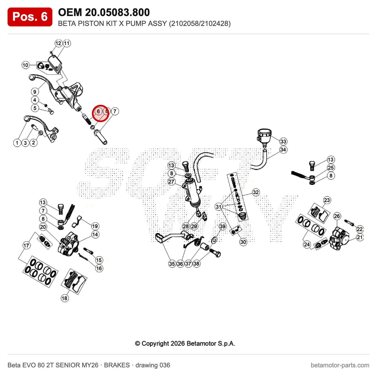 BETA PISTON KIT X PUMP ASSY (2102058/2102428) – OEM 20.05083.800, position 6 on the Beta EVO 80 2T SENIOR MY26 brakes drawing