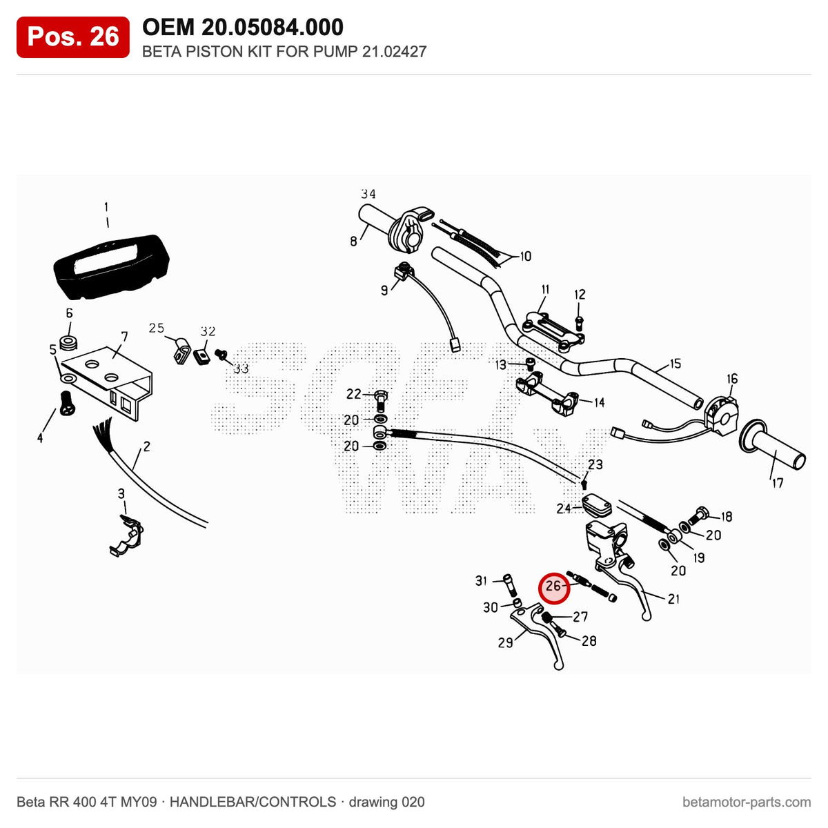 BETA PISTON KIT FOR PUMP 21.02427 – OEM 20.05084.000, position 26 on the Beta RR 400 4T MY09 handlebar/controls drawing