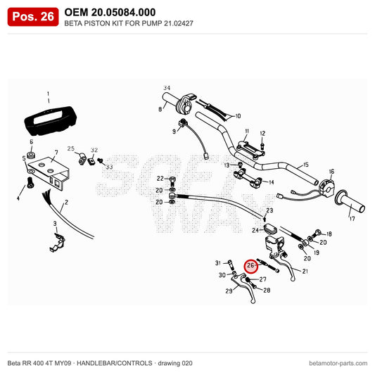 BETA PISTON KIT FOR PUMP 21.02427 – OEM 20.05084.000, position 26 on the Beta RR 400 4T MY09 handlebar/controls drawing