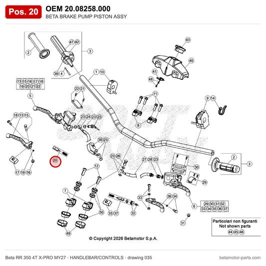 BETA BRAKE PUMP PISTON ASSY – OEM 20.08258.000, position 20 on the Beta RR 350 4T X-PRO MY27 handlebar/controls drawing