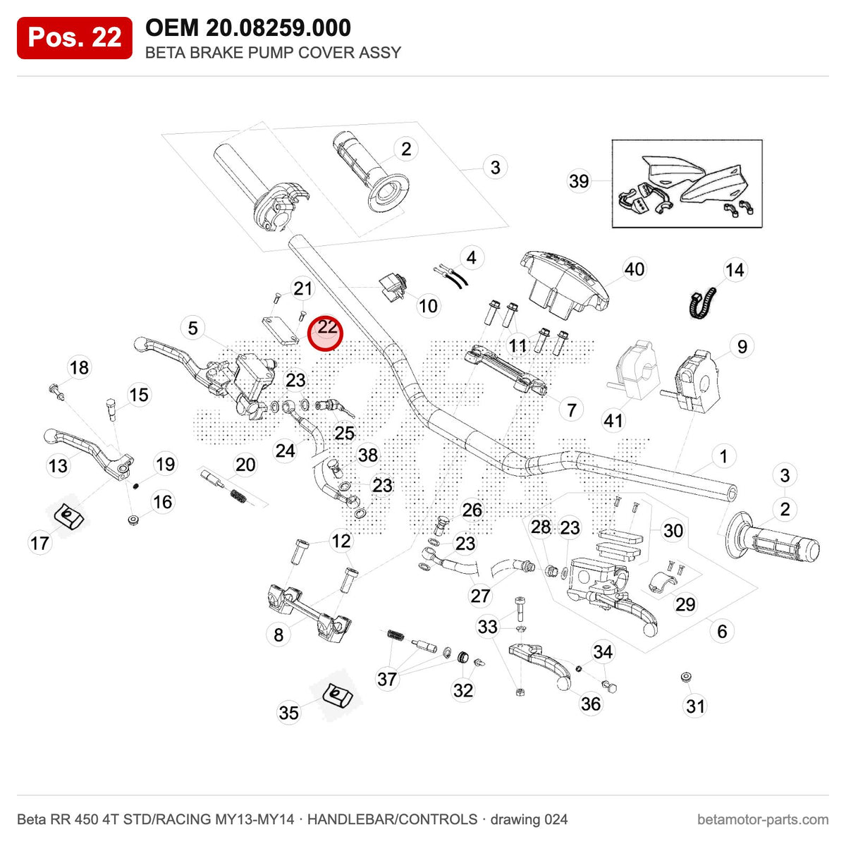 BETA BRAKE PUMP COVER ASSY – OEM 20.08259.000, position 22 on the Beta RR 450 4T STD/RACING MY13-MY14 handlebar/controls drawing