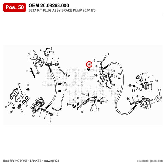 BETA KIT PLUG ASSY BRAKE PUMP 25.91176 – OEM 20.08263.000, position 50 on the Beta RR 400 MY07 brakes drawing