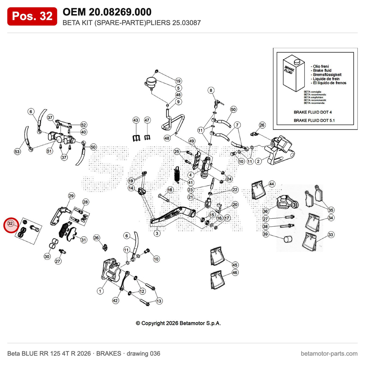 BETA KIT (SPARE-PARTE)PLIERS 25.03087 – OEM 20.08269.000, position 32 on the Beta BLUE RR 125 4T R 2026 brakes drawing