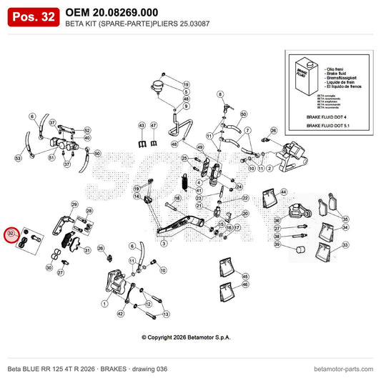 BETA KIT (SPARE-PARTE)PLIERS 25.03087 – OEM 20.08269.000, position 32 on the Beta BLUE RR 125 4T R 2026 brakes drawing