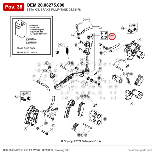 BETA KIT, BRAKE PUMP TANK 25.91178 – OEM 20.08275.000, position 38 on the Beta X-TRAINER 250 2T MY26 brakes drawing