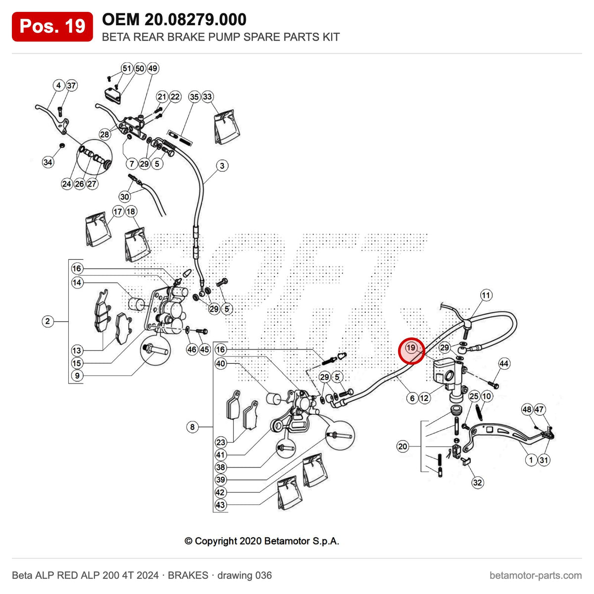 BETA REAR BRAKE PUMP SPARE PARTS KIT – OEM 20.08279.000, position 19 on the Beta ALP RED ALP 200 4T 2024 brakes drawing