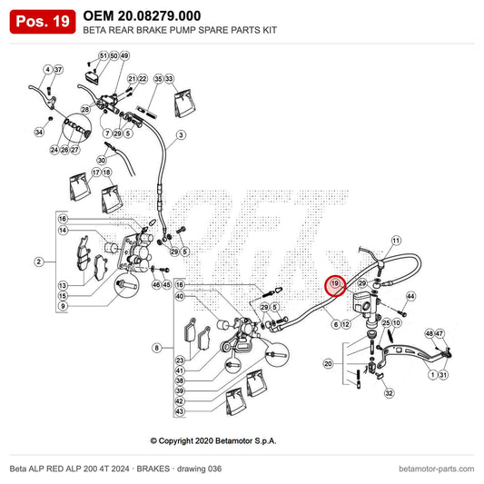 BETA REAR BRAKE PUMP SPARE PARTS KIT – OEM 20.08279.000, position 19 on the Beta ALP RED ALP 200 4T 2024 brakes drawing