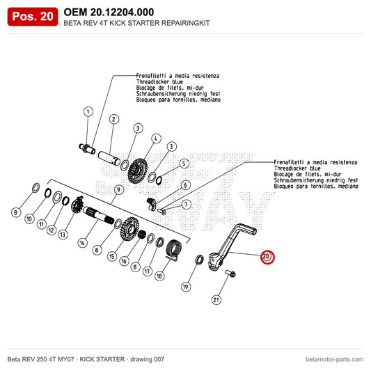 BETA REV 4T KICK STARTER REPAIRINGKIT – OEM 20.12204.000, position 20 on the Beta REV 250 4T MY07 kick starter drawing