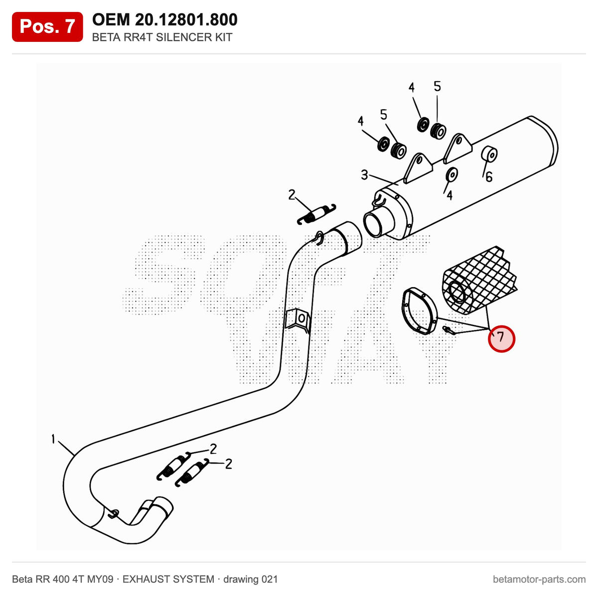 BETA RR4T SILENCER KIT – OEM 20.12801.800, position 7 on the Beta RR 400 4T MY09 exhaust system drawing