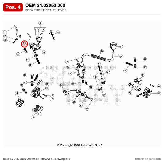 BETA FRONT BRAKE LEVER – OEM 21.02052.000, position 4 on the Beta EVO 80 SENIOR MY15 brakes drawing