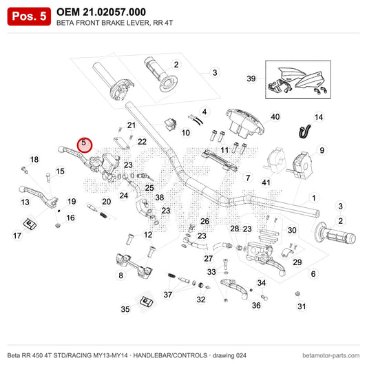 BETA FRONT BRAKE LEVER, RR 4T – OEM 21.02057.000, position 5 on the Beta RR 450 4T STD/RACING MY13-MY14 handlebar/controls drawing