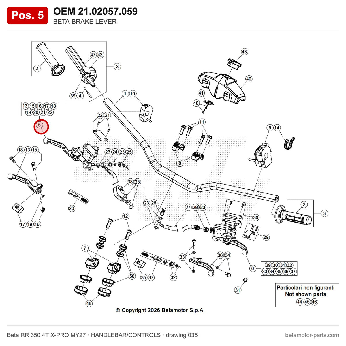 BETA BRAKE LEVER – OEM 21.02057.059, position 5 on the Beta RR 350 4T X-PRO MY27 handlebar/controls drawing