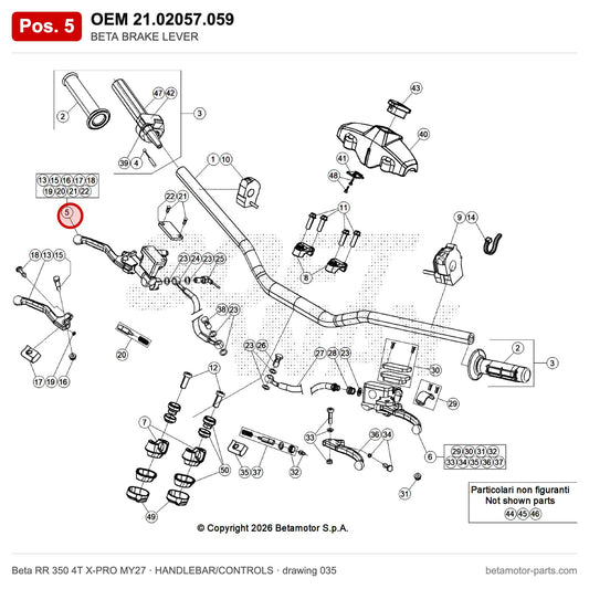 BETA BRAKE LEVER – OEM 21.02057.059, position 5 on the Beta RR 350 4T X-PRO MY27 handlebar/controls drawing