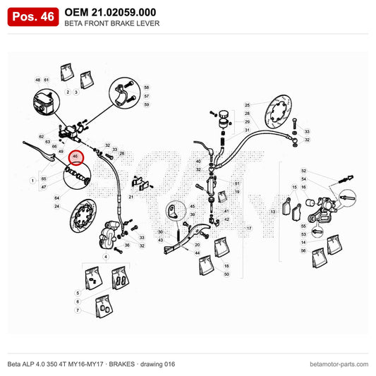 BETA FRONT BRAKE LEVER – OEM 21.02059.000, position 46 on the Beta ALP 4.0 350 4T MY16-MY17 brakes drawing