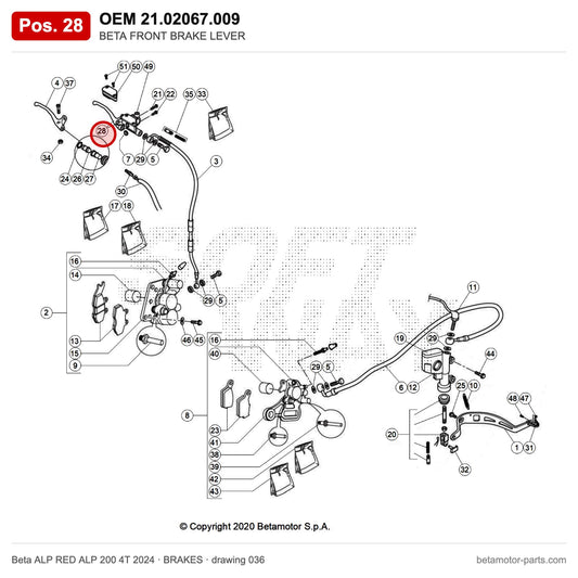 BETA FRONT BRAKE LEVER – OEM 21.02067.009, position 28 on the Beta ALP RED ALP 200 4T 2024 brakes drawing