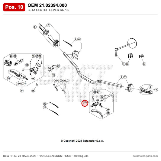 BETA CLUTCH LEVER RR '05 – OEM 21.02394.000, position 10 on the Beta RR 50 2T RACE 2026 handlebar/controls drawing