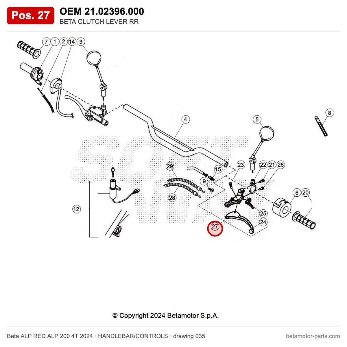 BETA CLUTCH LEVER RR – OEM 21.02396.000, position 27 on the Beta ALP RED ALP 200 4T 2024 handlebar/controls drawing