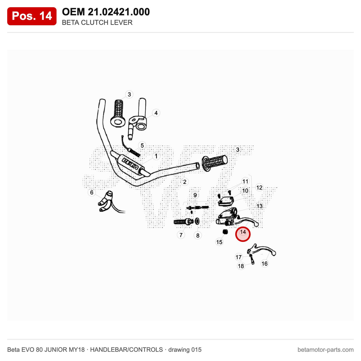 BETA CLUTCH LEVER – OEM 21.02421.000, position 14 on the Beta EVO 80 JUNIOR MY18 handlebar/controls drawing