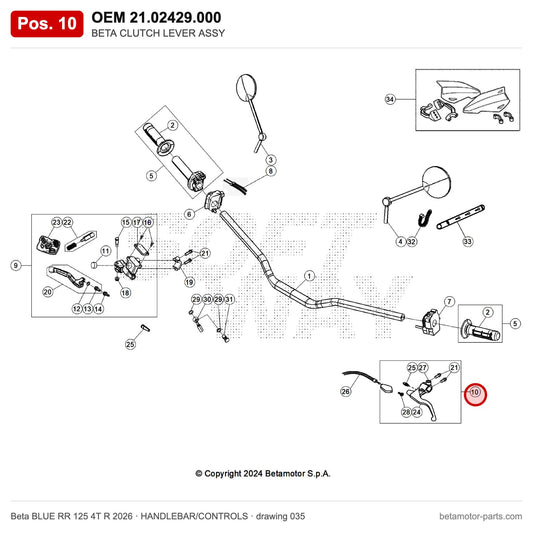 BETA CLUTCH LEVER ASSY – OEM 21.02429.000, position 10 on the Beta BLUE RR 125 4T R 2026 handlebar/controls drawing