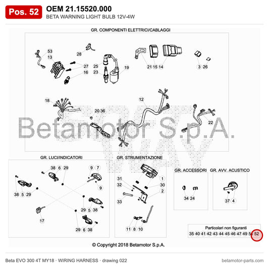 BETA WARNING LIGHT BULB 12V-4W – OEM 21.15520.000, position 52 on the Beta EVO 300 4T MY18 wiring harness drawing