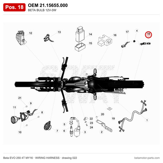 BETA BULB 12V-3W – OEM 21.15655.000, position 18 on the Beta EVO 250 4T MY16 wiring harness drawing