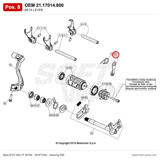 BETA LEVER – OEM 21.17014.800, position 8 on the Beta EVO 300 4T MY26 shifting drawing
