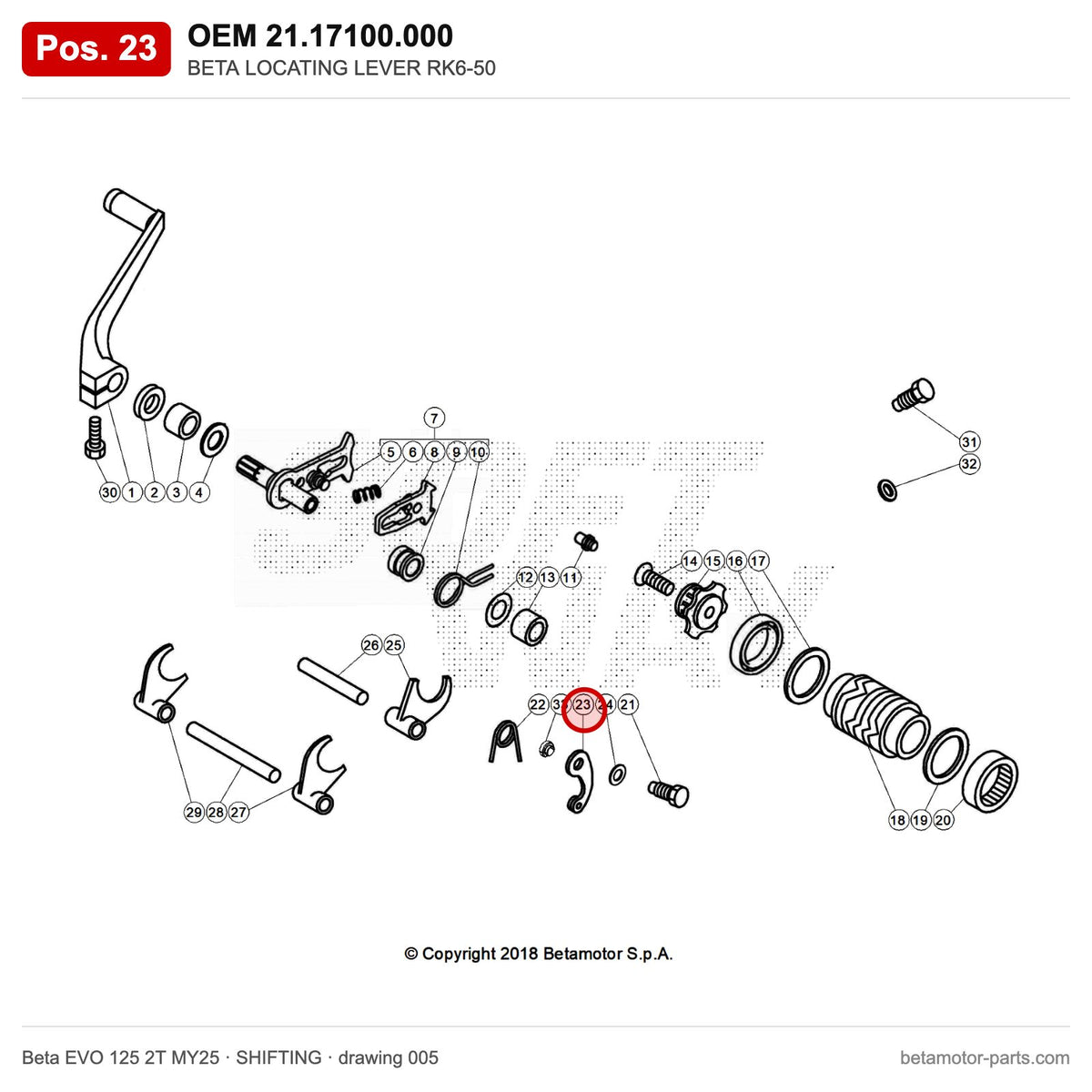 BETA LOCATING LEVER RK6-50 – OEM 21.17100.000, position 23 on the Beta EVO 125 2T MY25 shifting drawing