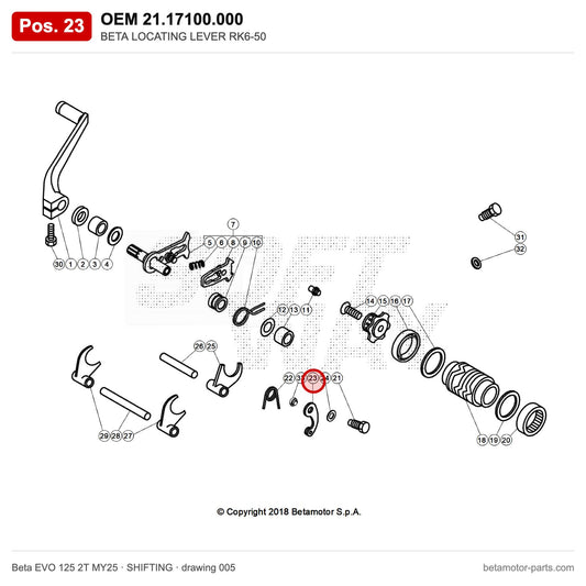 BETA LOCATING LEVER RK6-50 – OEM 21.17100.000, position 23 on the Beta EVO 125 2T MY25 shifting drawing