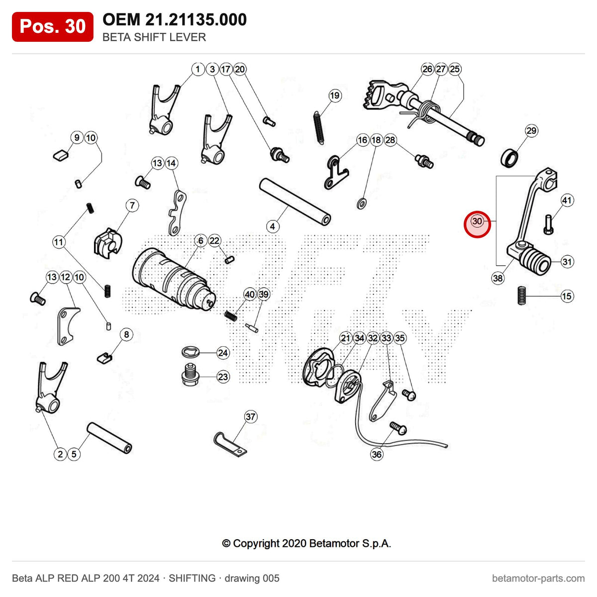 BETA SHIFT LEVER – OEM 21.21135.000, position 30 on the Beta ALP RED ALP 200 4T 2024 shifting drawing