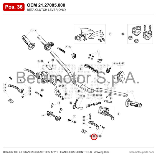 BETA CLUTCH LEVER ONLY – OEM 21.27085.000, position 36 on the Beta RR 400 4T STANDARD/FACTORY MY11 handlebar/controls drawing